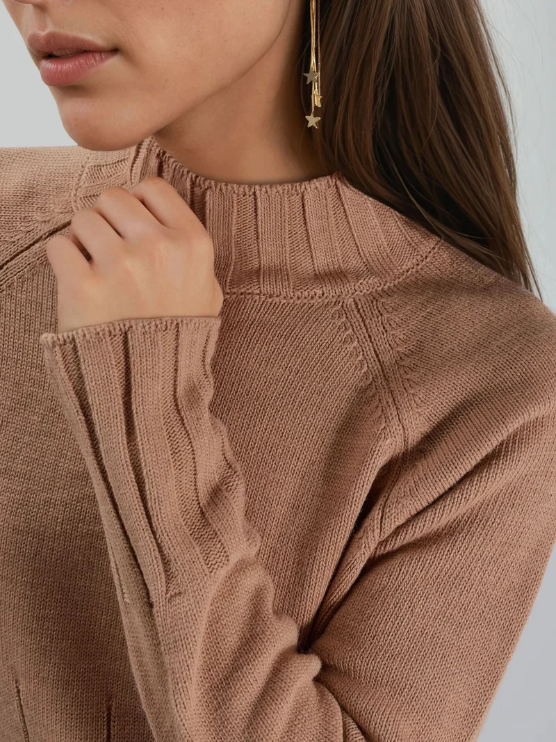 MY FASHION Camel Brown MY FASHION Half Turtleneck Midi Knitwear Dress for Women | Best Price UAE